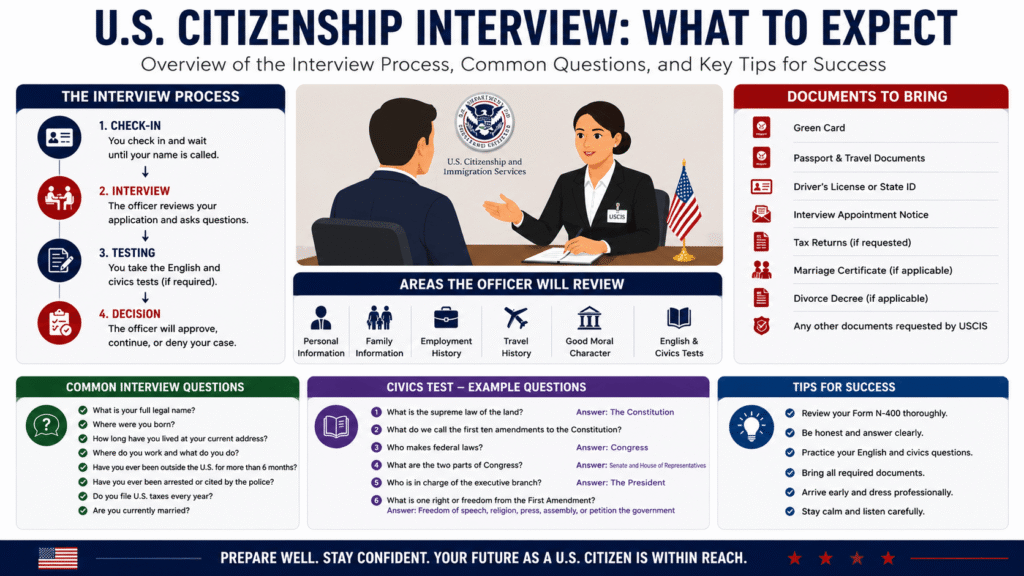 USCIS Citizenship Interview Process with Common Questions Documents and Civics Test Preparation