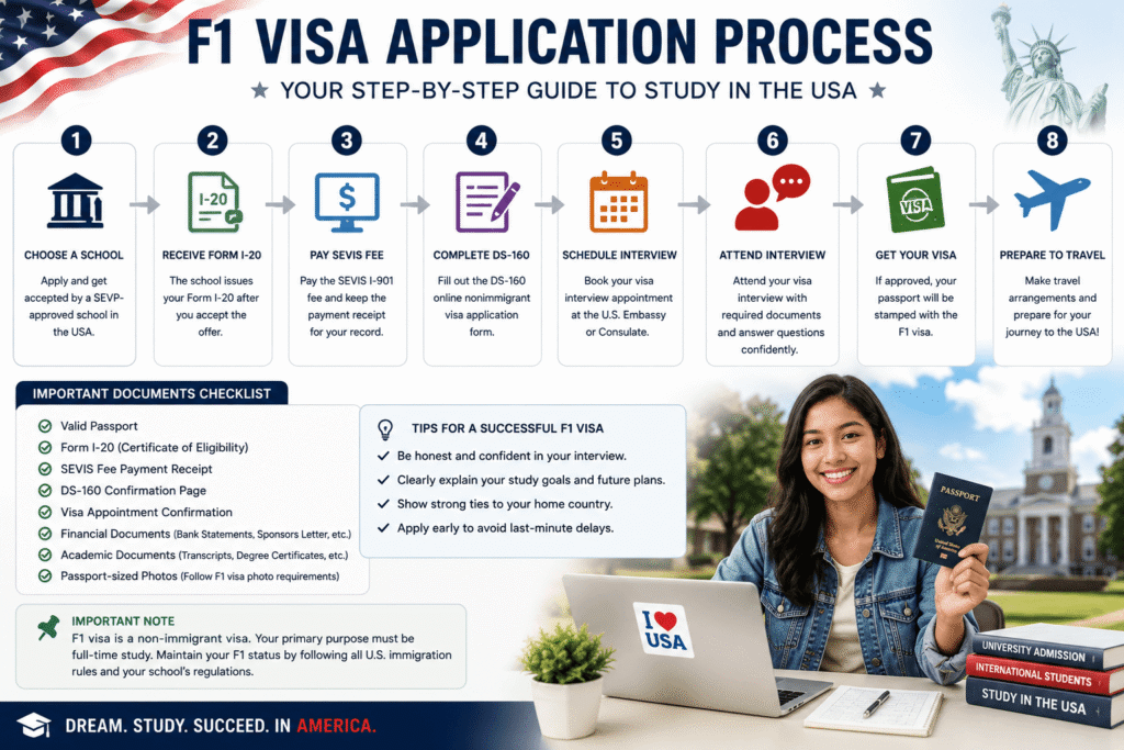 F1 Visa Application Process Showing Form I20 SEVIS Fee Visa Interview and Student Enrollment Steps