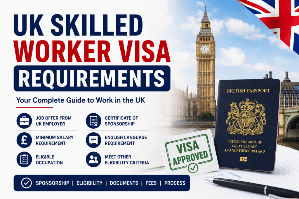UK Skilled Worker Visa Requirements 2026 including sponsorship salary threshold and eligibility criteria