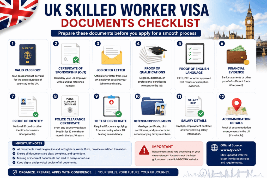 UK Skilled Worker Visa Documents Checklist including passport Certificate of Sponsorship job offer and English test results