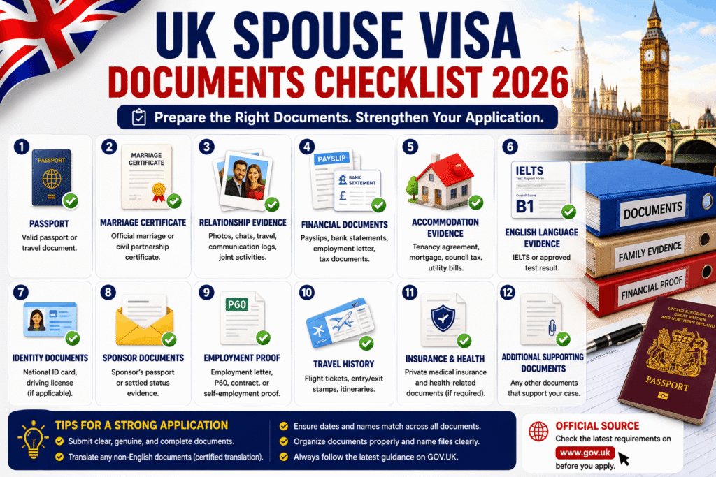 UK Spouse Visa Requirements Checklist Showing Financial Relationship Accommodation and Document Requirements