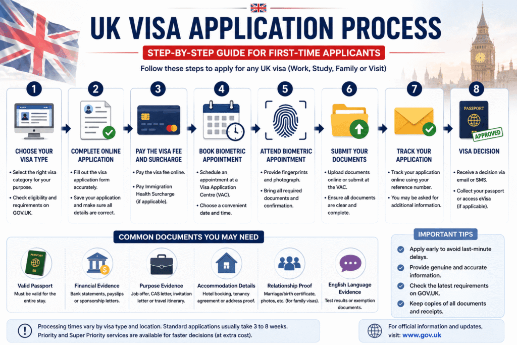 UK Visa Application Steps Showing Online Application Documents Biometrics and Visa Approval Process