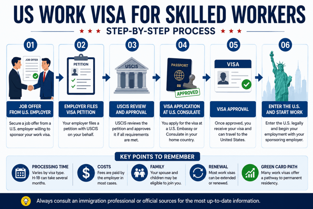 US Skilled Worker Visa Process Showing Employer Sponsorship H1B Application and Green Card Pathway
